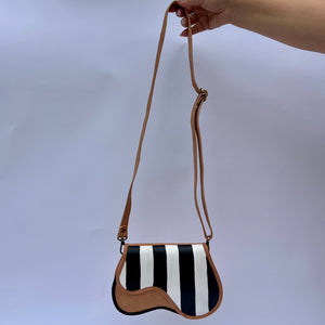 Black and white striped handbag purse with strap out