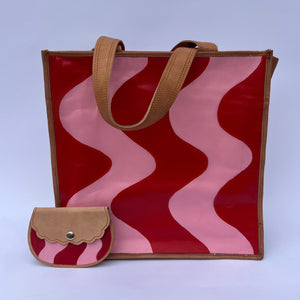 red and pink squiggle purse with matching coin purse